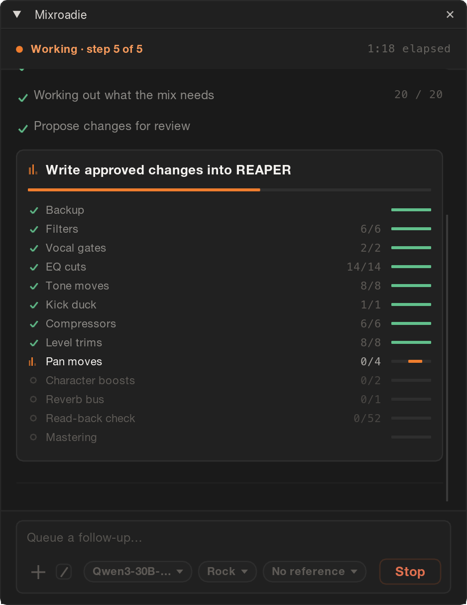 Mixroadie writing approved changes into REAPER: a backup, then filters, EQ cuts, compressors and level trims ticked off one by one.