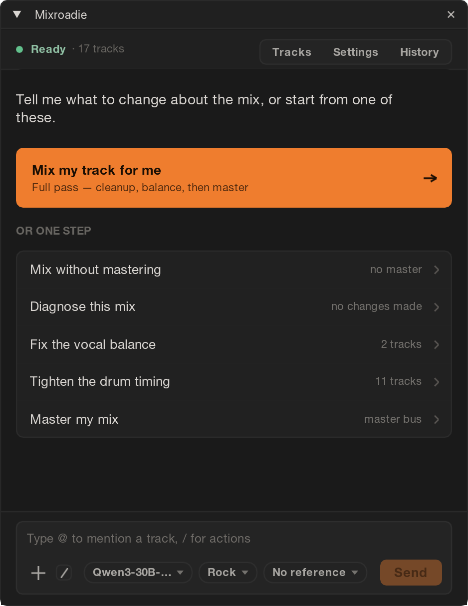The Mixroadie panel in REAPER, ready: a “Mix my track for me” button, a list of single steps and a message box.