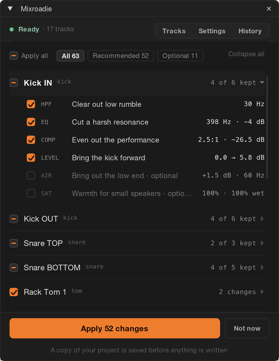 A plan of 63 suggested changes grouped by track, the kick drum expanded to show each move with its settings and a checkbox.